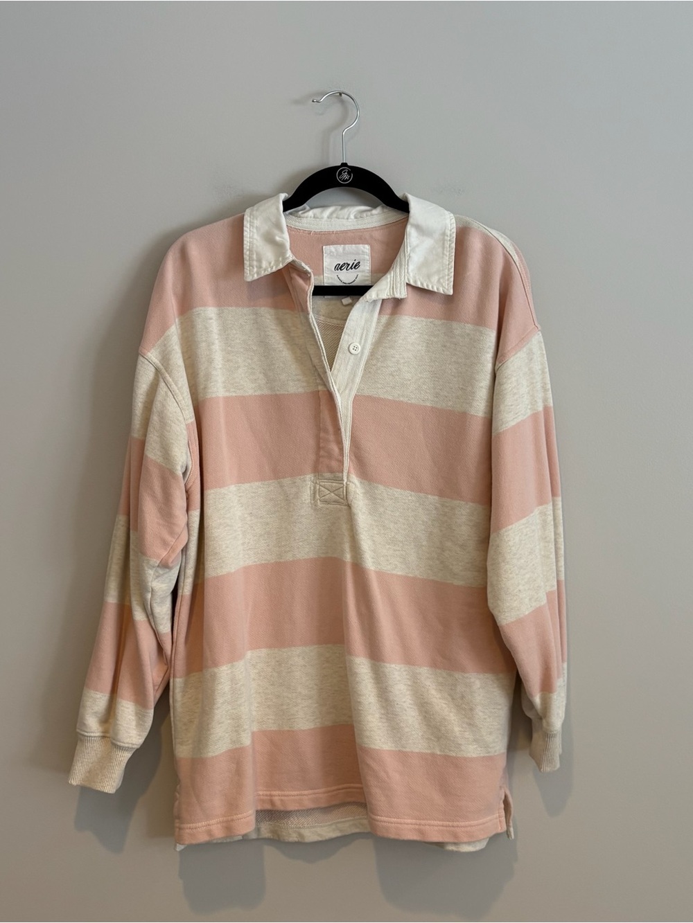 aerie Pink and Cream Striped Rugby Polo